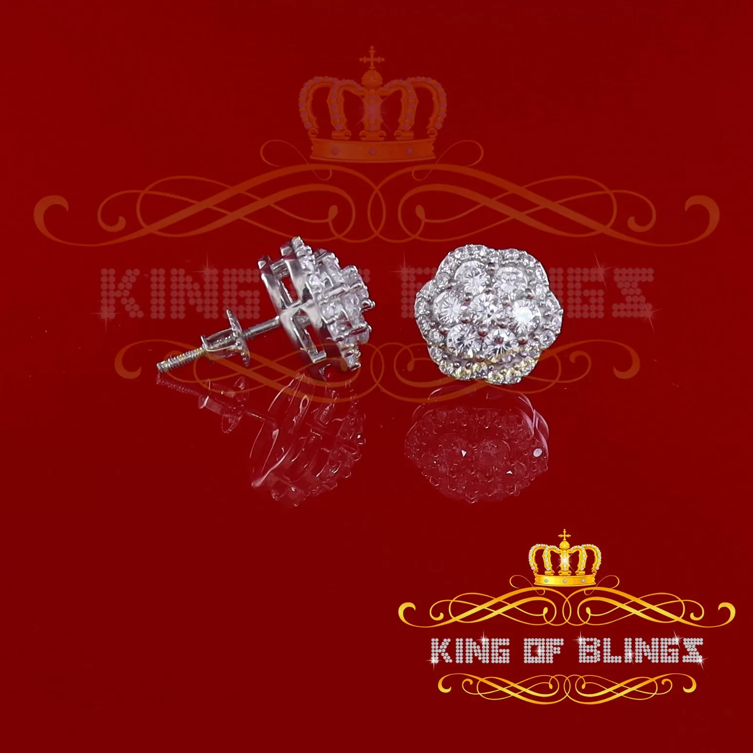 King of Blings- Aretes Para Hombre 925 White Silver 2.7ct Cubic Zirconia Flower Women's Earrings