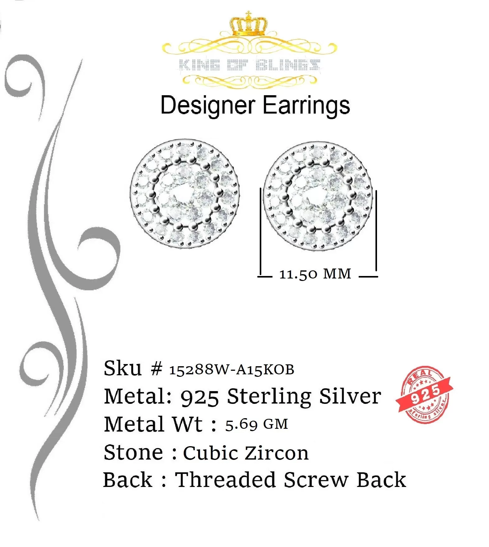 King of Blings- Aretes Para Hombre 925 White Silver 6.57ct Cubic Zirconia Round Women's Earrings