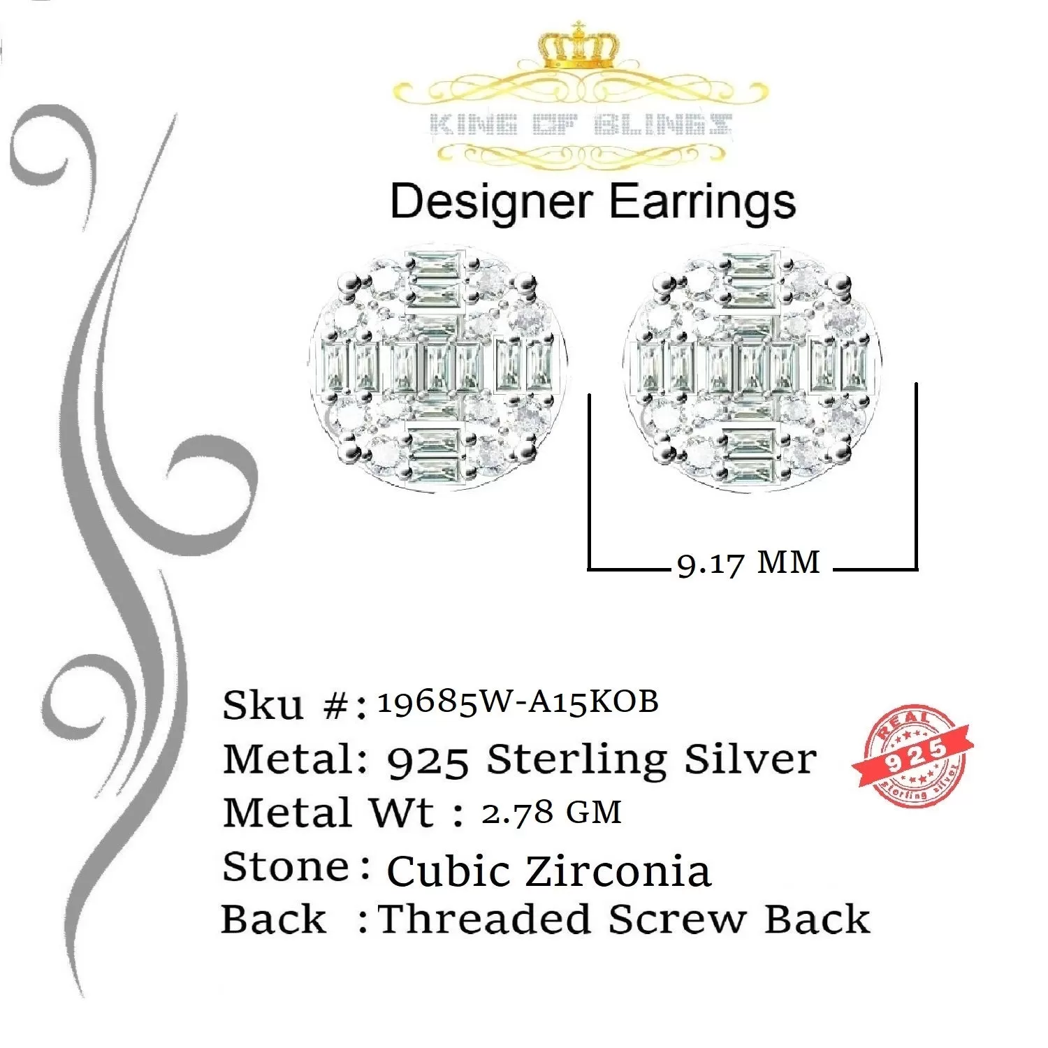 King of Blings- Hip Hop White 925 Silver 1.06ct Cubic Zirconia Women's & Men's style Earrings