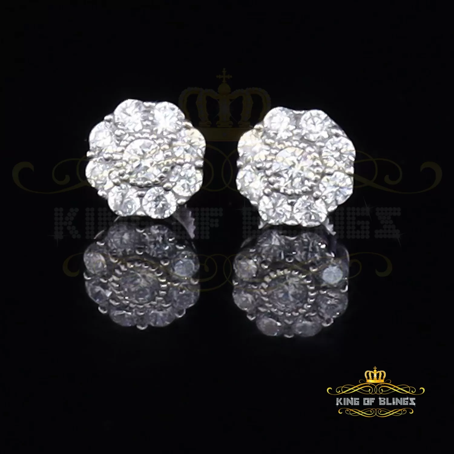 King of Blings- White 925 Sterling Silver 1.18ct Cubic Zirconia Women's Hip Hop Flower Earrings