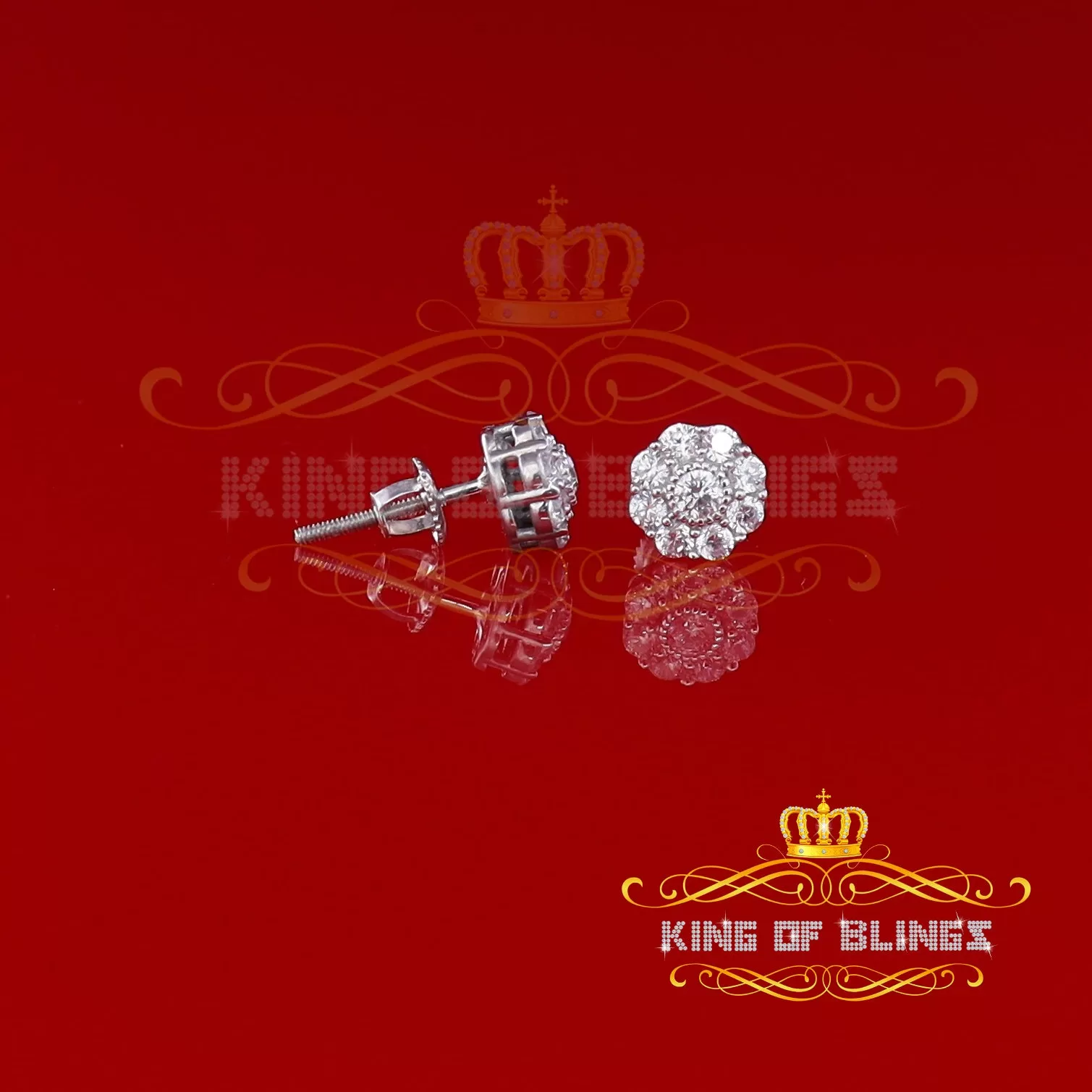 King of Blings- White 925 Sterling Silver 1.18ct Cubic Zirconia Women's Hip Hop Flower Earrings