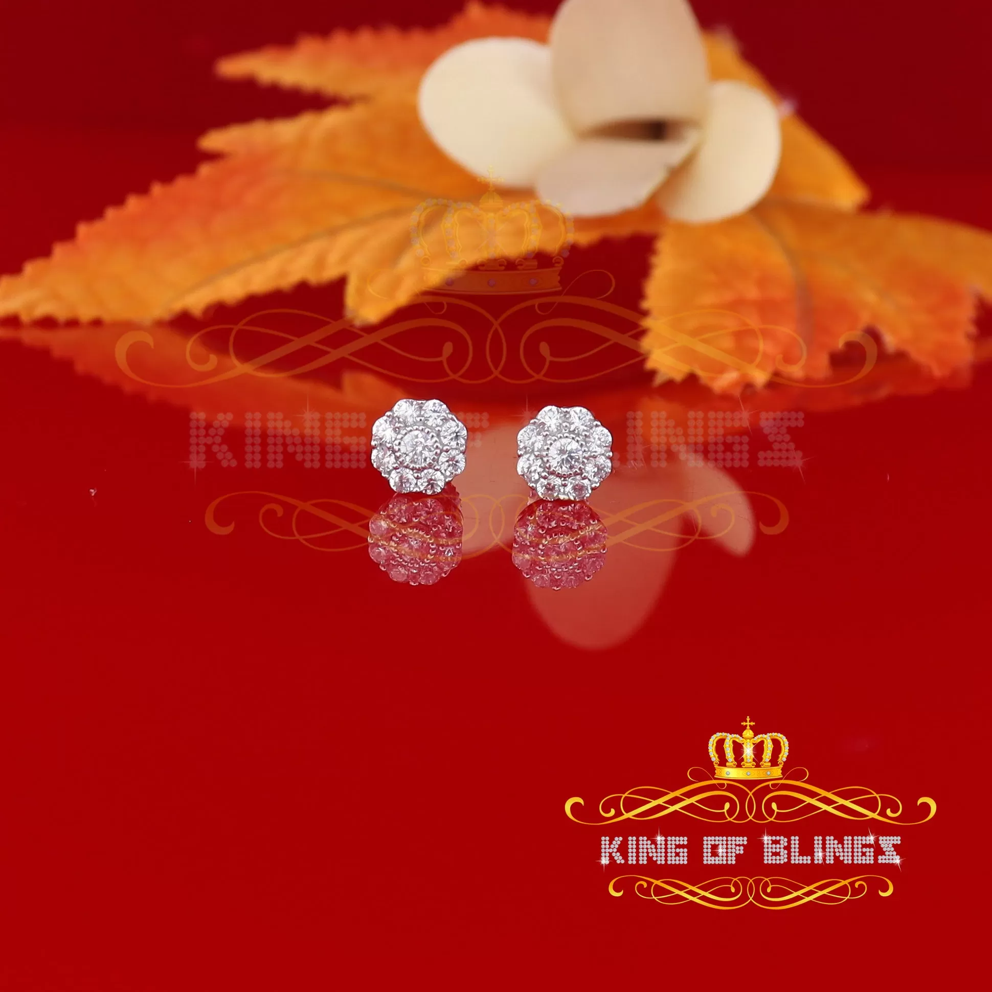 King of Blings- White 925 Sterling Silver 1.18ct Cubic Zirconia Women's Hip Hop Flower Earrings