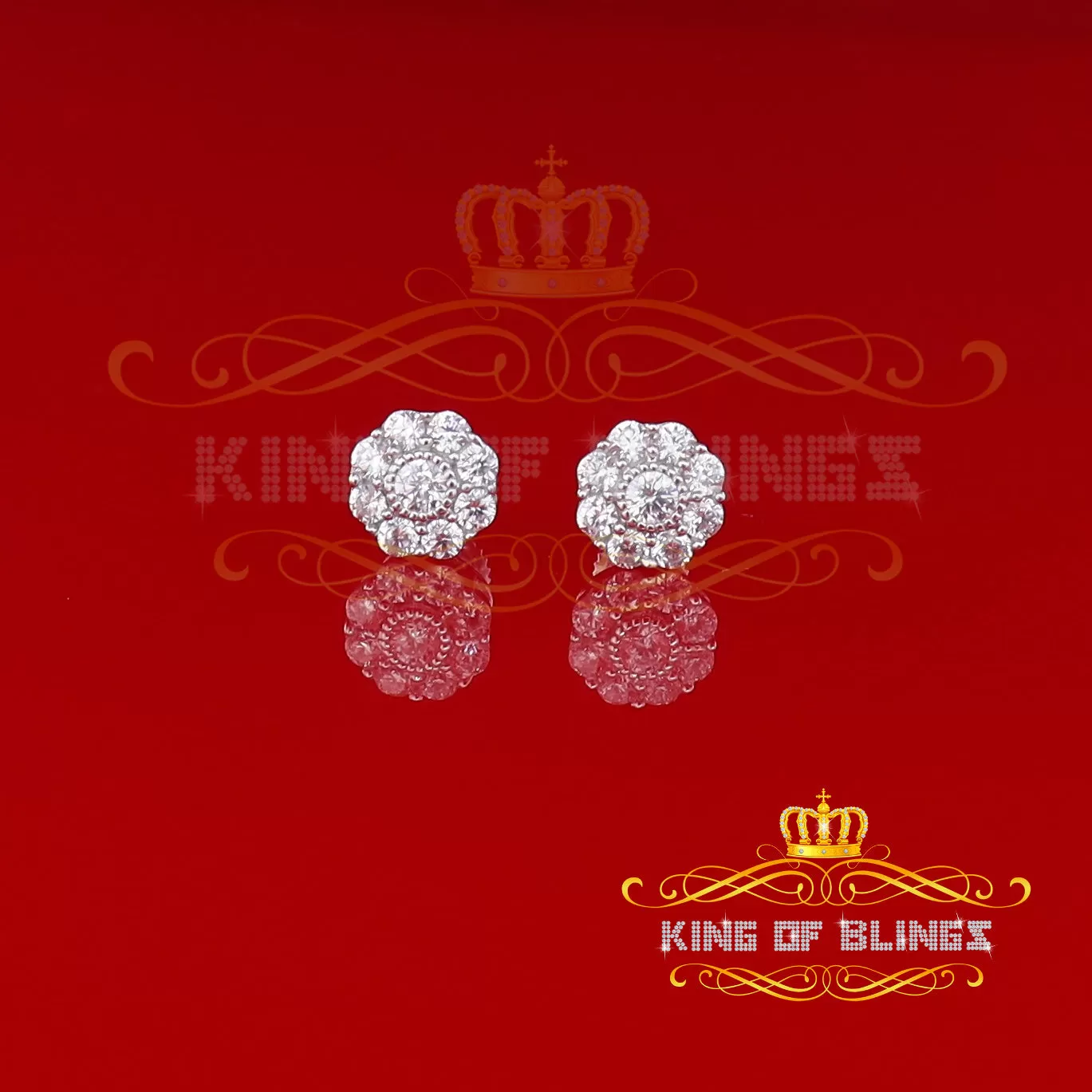 King of Blings- White 925 Sterling Silver 1.18ct Cubic Zirconia Women's Hip Hop Flower Earrings