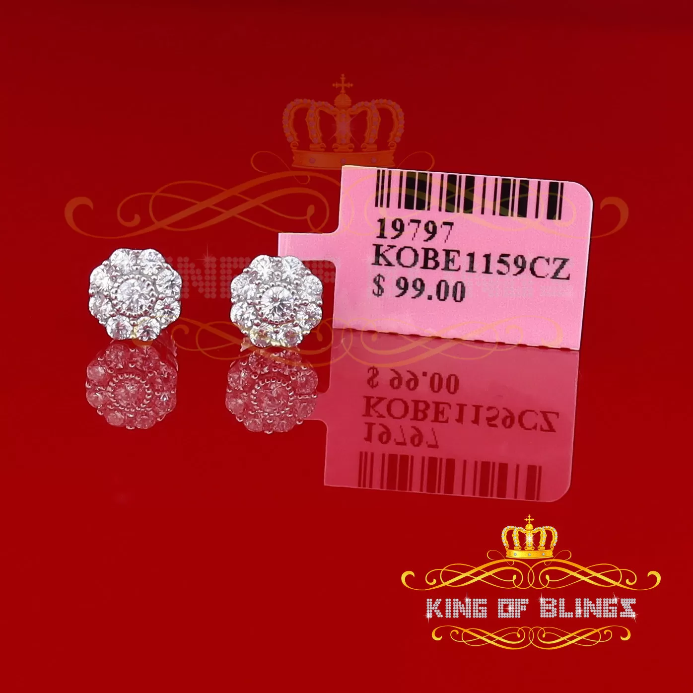 King of Blings- White 925 Sterling Silver 1.18ct Cubic Zirconia Women's Hip Hop Flower Earrings