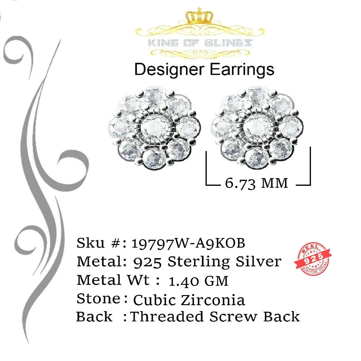 King of Blings- White 925 Sterling Silver 1.18ct Cubic Zirconia Women's Hip Hop Flower Earrings