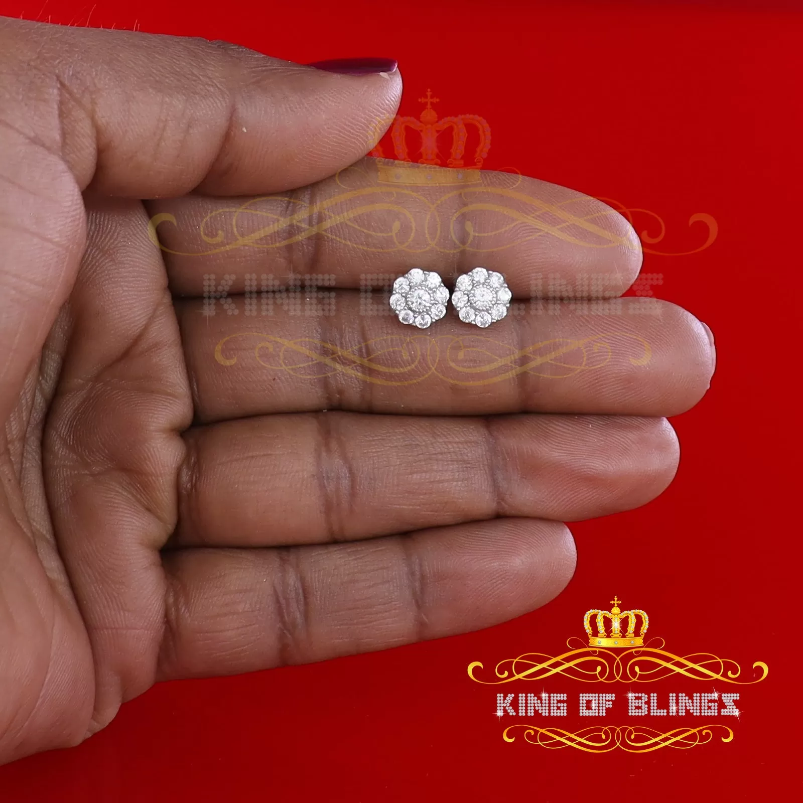 King of Blings- White 925 Sterling Silver 1.18ct Cubic Zirconia Women's Hip Hop Flower Earrings