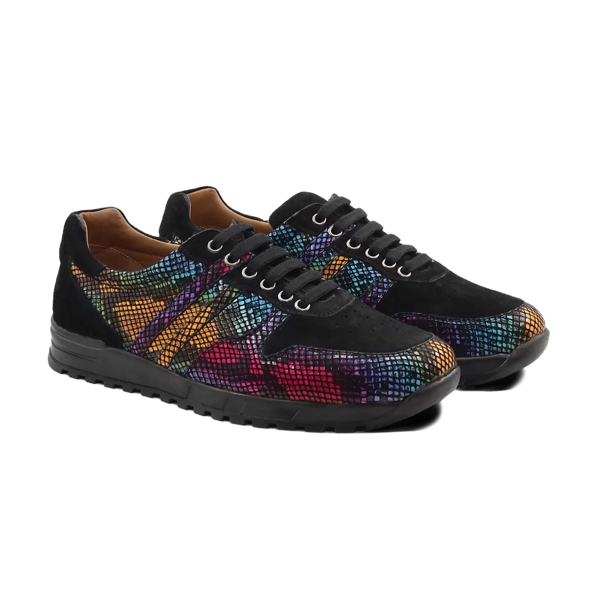 Komotini - Men's Black Kid Suede And Rainbow Printed Leather Jogger