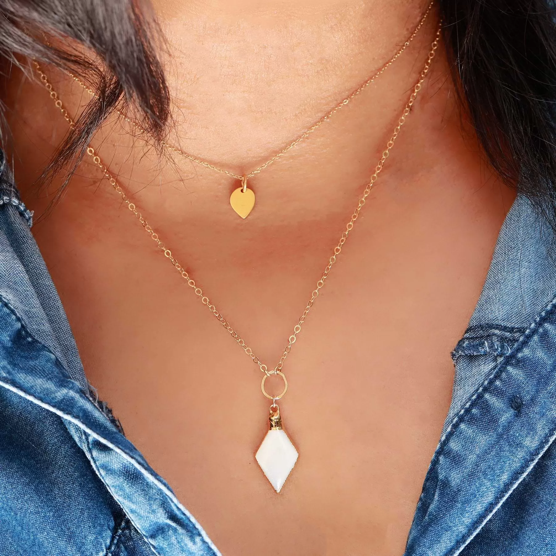 Kyoto - Dainty Double Layer Mother of Pearl Pendant Gold Necklace