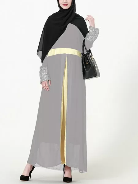 (L-7XL) Kim Kima Gold Satin Trim Plus Size Abaya Long Sleeve Maxi Dress (3 Colours)