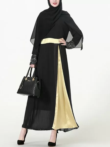 (L-7XL) Kim Kima Gold Satin Trim Plus Size Abaya Long Sleeve Maxi Dress (3 Colours)