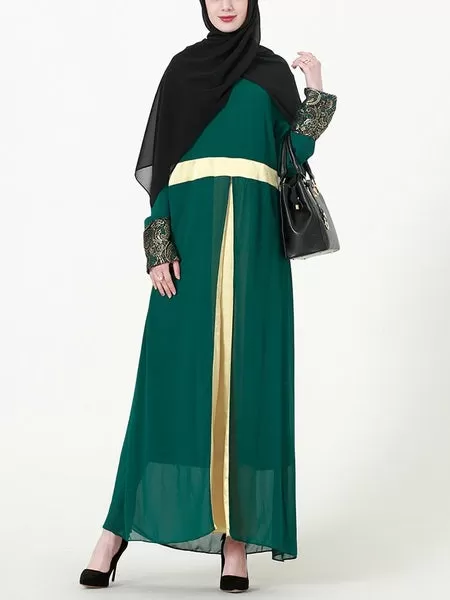 (L-7XL) Kim Kima Gold Satin Trim Plus Size Abaya Long Sleeve Maxi Dress (3 Colours)