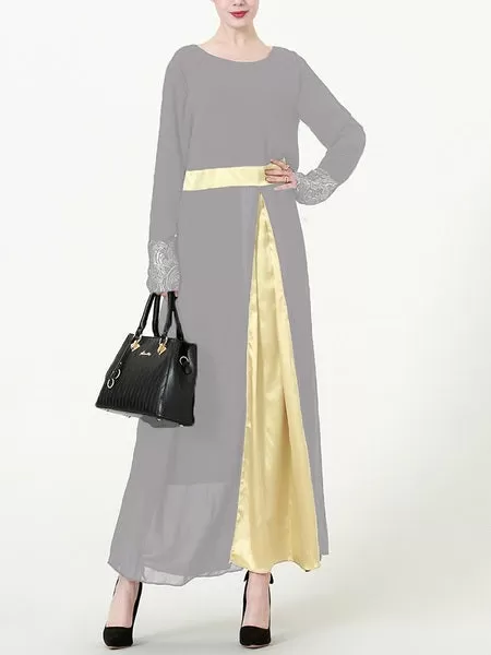 (L-7XL) Kim Kima Gold Satin Trim Plus Size Abaya Long Sleeve Maxi Dress