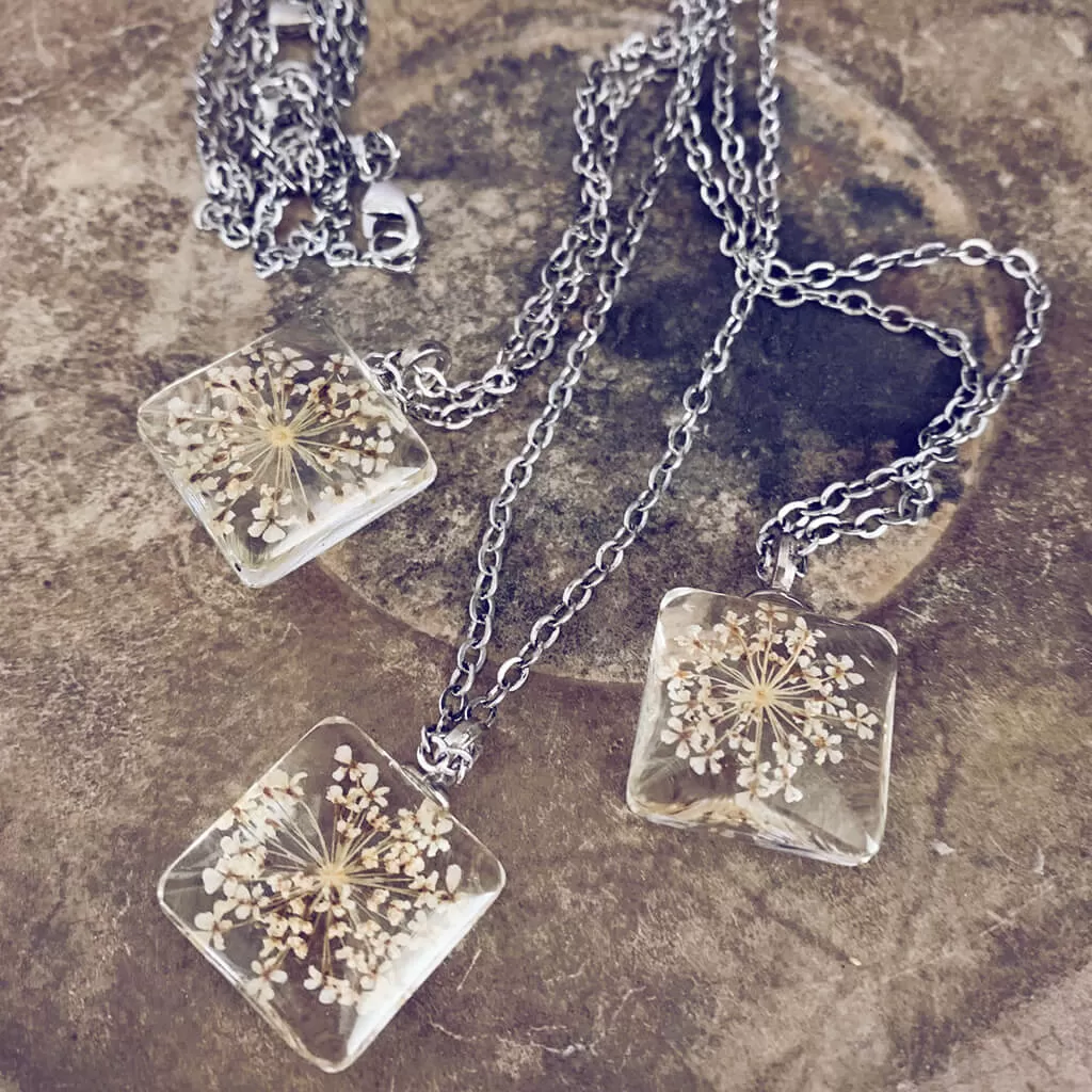 Lace Flower // square pressed queen anne lace flower glass pendant necklace