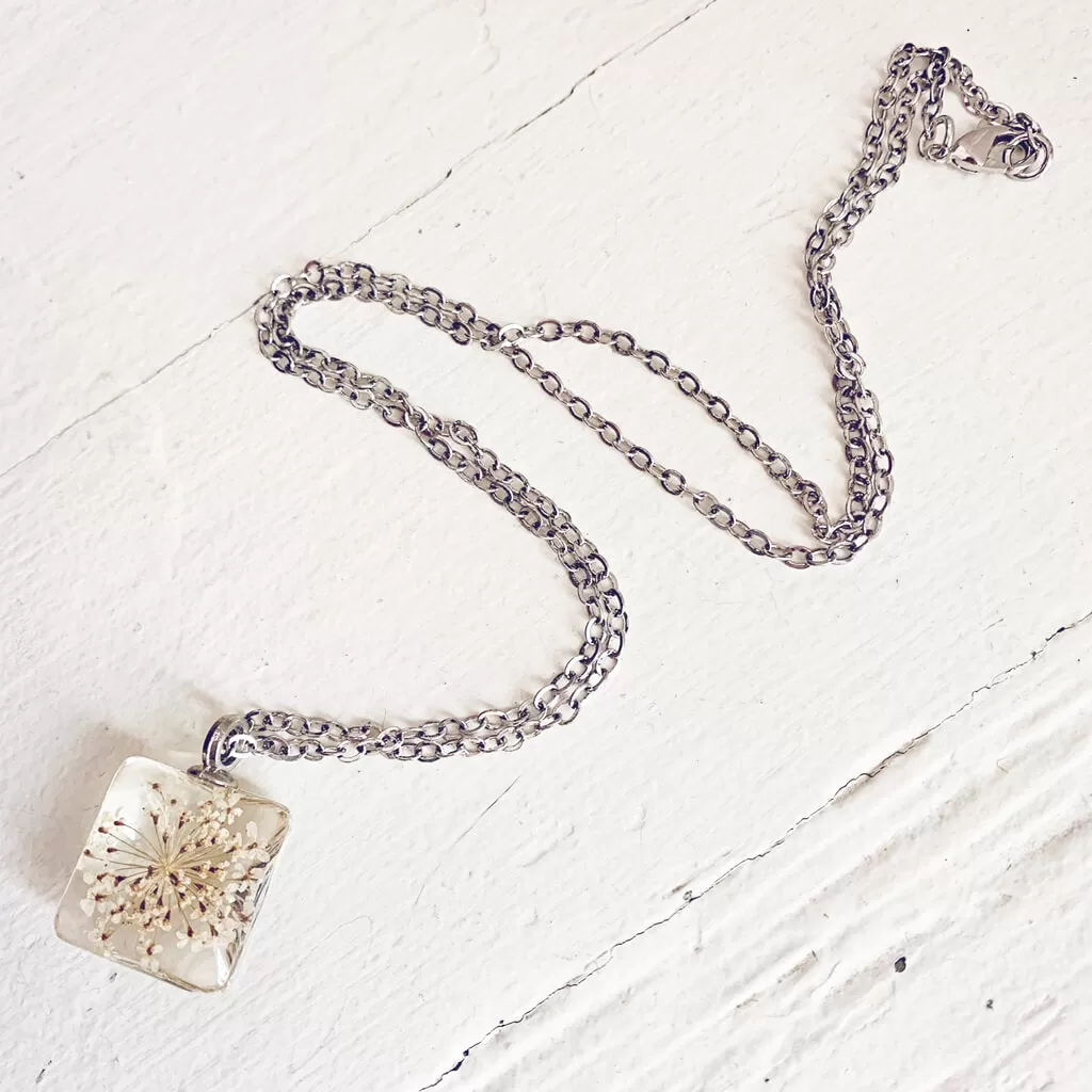 Lace Flower // square pressed queen anne lace flower glass pendant necklace