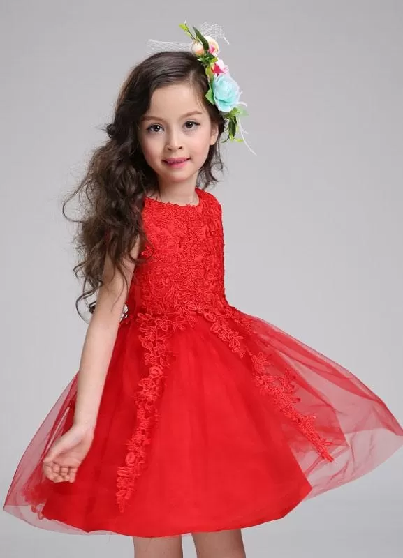 Lace Tulle Knee Length Beading Pageant Dress Princess Flower Girl Dress