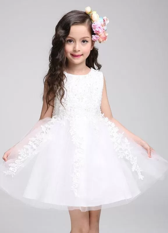 Lace Tulle Knee Length Beading Pageant Dress Princess Flower Girl Dress