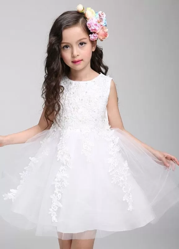 Lace Tulle Knee Length Beading Pageant Dress Princess Flower Girl Dress