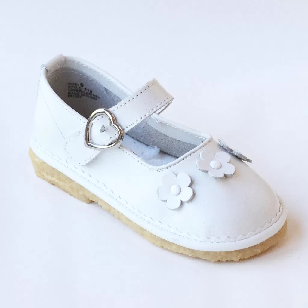 L'Amour Girls 718 White Leather Flower Trio Mary Janes