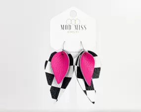 Leather Stacked Petal Earring Hot Pink on Black and White Checkered