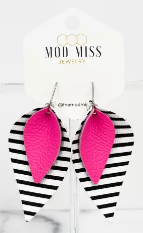 Leather Stacked Petal Earring Hot Pink on Black and White Stripe (Thin Stripes)