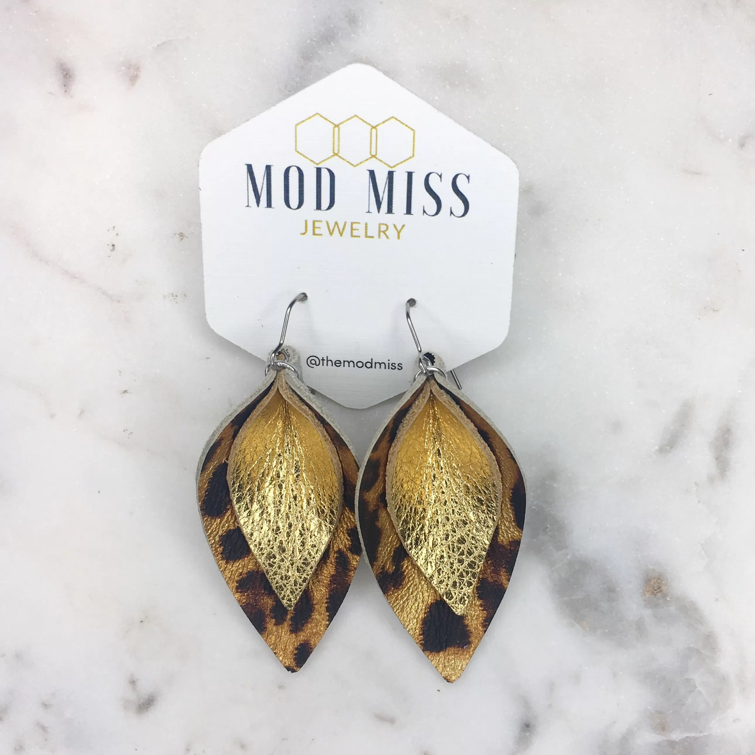 Leather Stacked Petal Earring Leopard Metallic on Metallic Gold