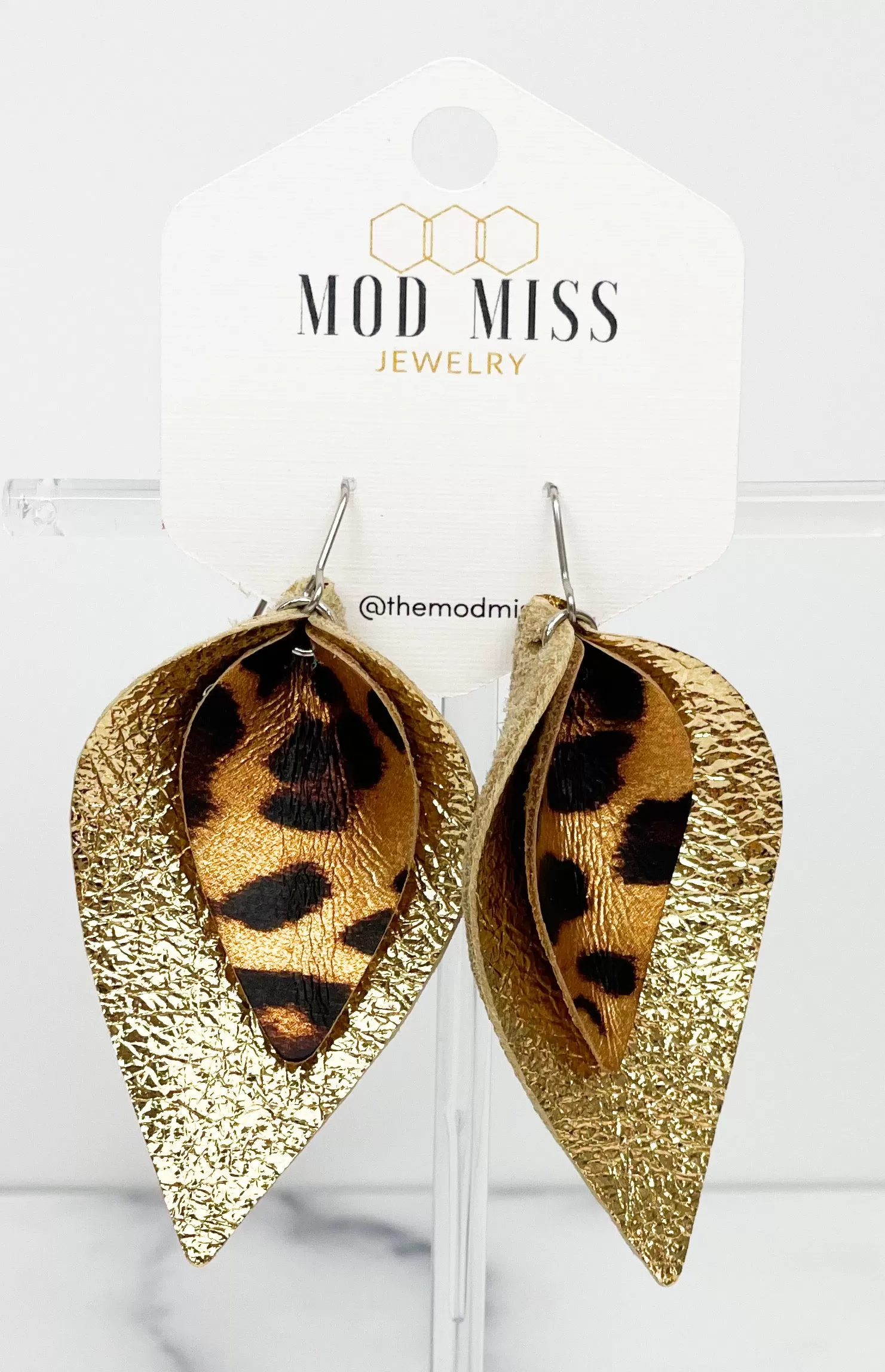 Leather Stacked Petal Earring Leopard Metallic on Metallic Gold