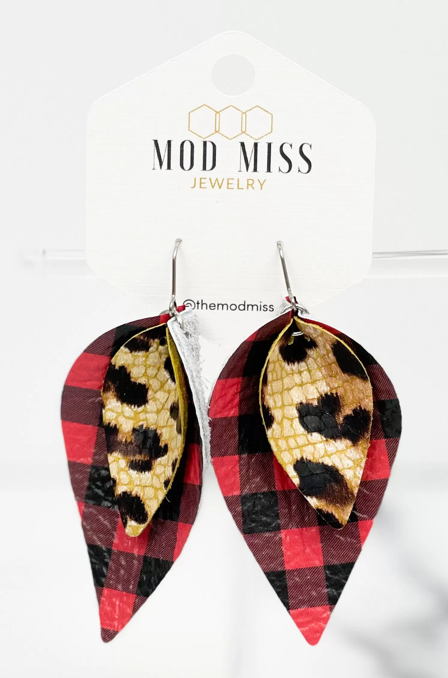 Leather Stacked Petal Earring LeopardCrackle on MiniRedBuffaloPlaid