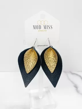 Leather Stacked Petal Earring Metallic Gold on Black