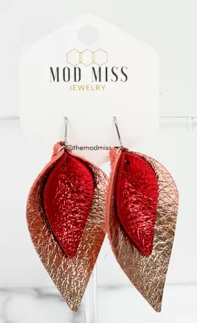 Leather Stacked Petal Earring Metallic Red on Metallic Rose Gold