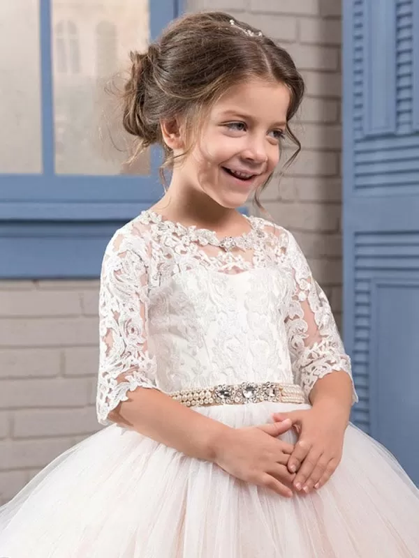 Long Sleeves Floor-Length Embroidered Princess Flower Girl Dresses Jewel Neck Lace  Silhouette Formal Kids Pageant Dresses