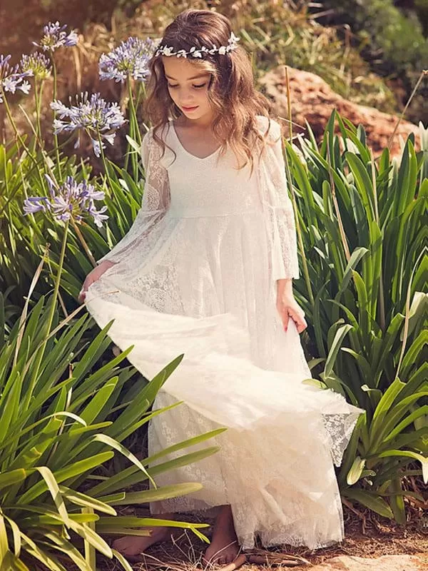 Lovely Flower Girl Dress White Lace Flare Sleeve Sash A Line V Neck Ankle Length Junior Dress for Wedding