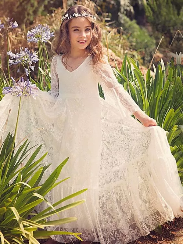 Lovely Flower Girl Dress White Lace Flare Sleeve Sash A Line V Neck Ankle Length Junior Dress for Wedding