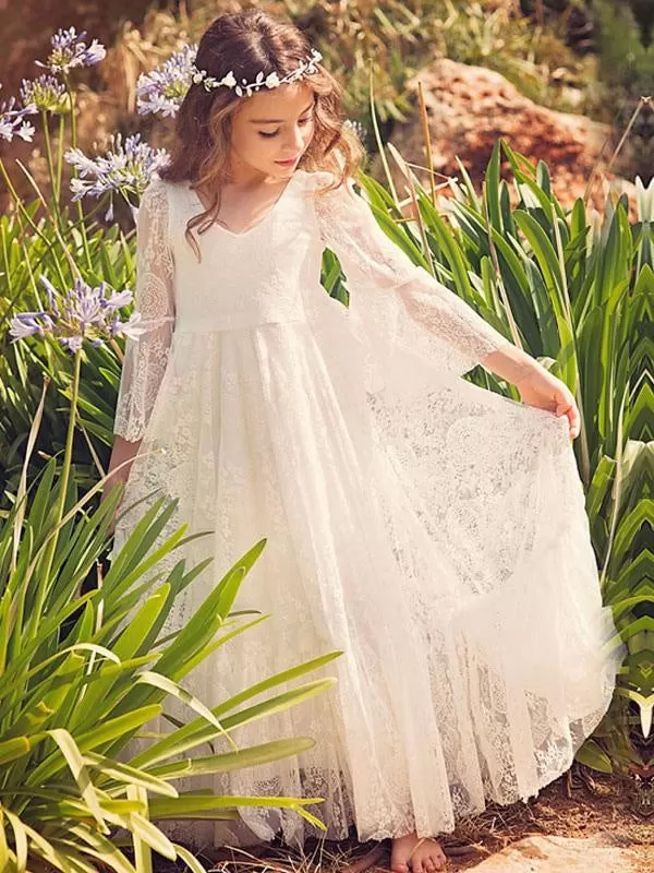 Lovely Flower Girl Dress White Lace Flare Sleeve Sash A Line V Neck Ankle Length Junior Dress for Wedding