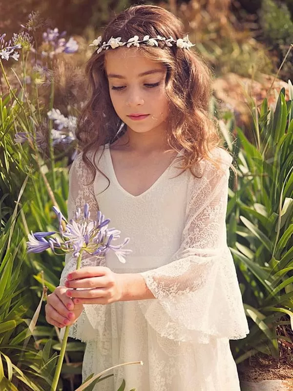 Lovely Flower Girl Dress White Lace Flare Sleeve Sash A Line V Neck Ankle Length Junior Dress for Wedding