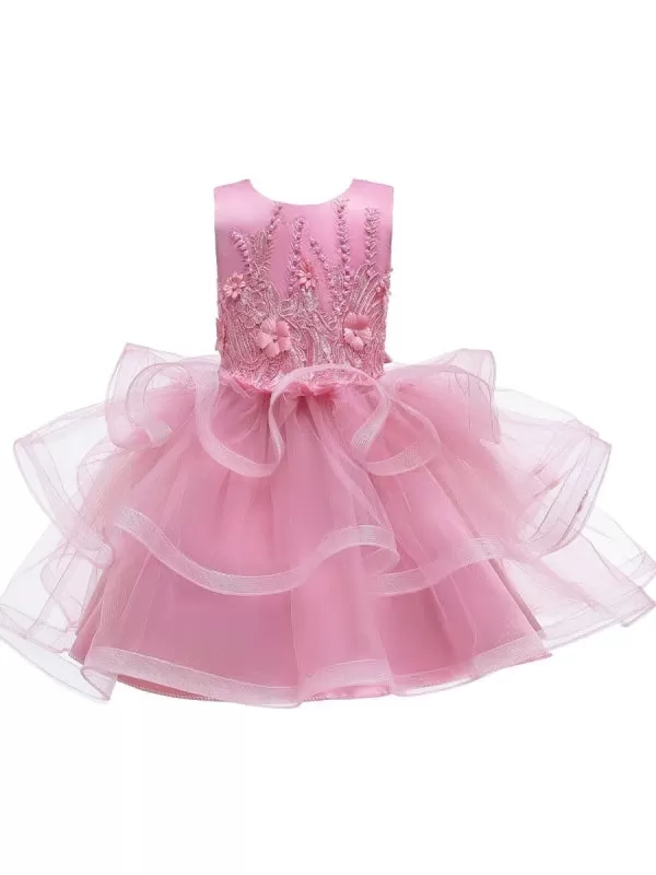 Lovely Princess Silhouette Beaded Flower Girl Dresses Jewel Neck Tulle Kids Party Dresses