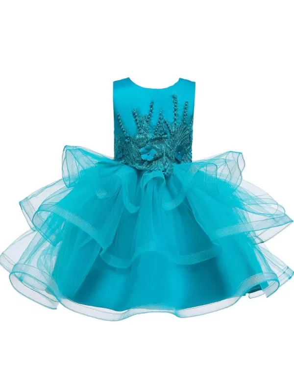 Lovely Princess Silhouette Beaded Flower Girl Dresses Jewel Neck Tulle Kids Party Dresses