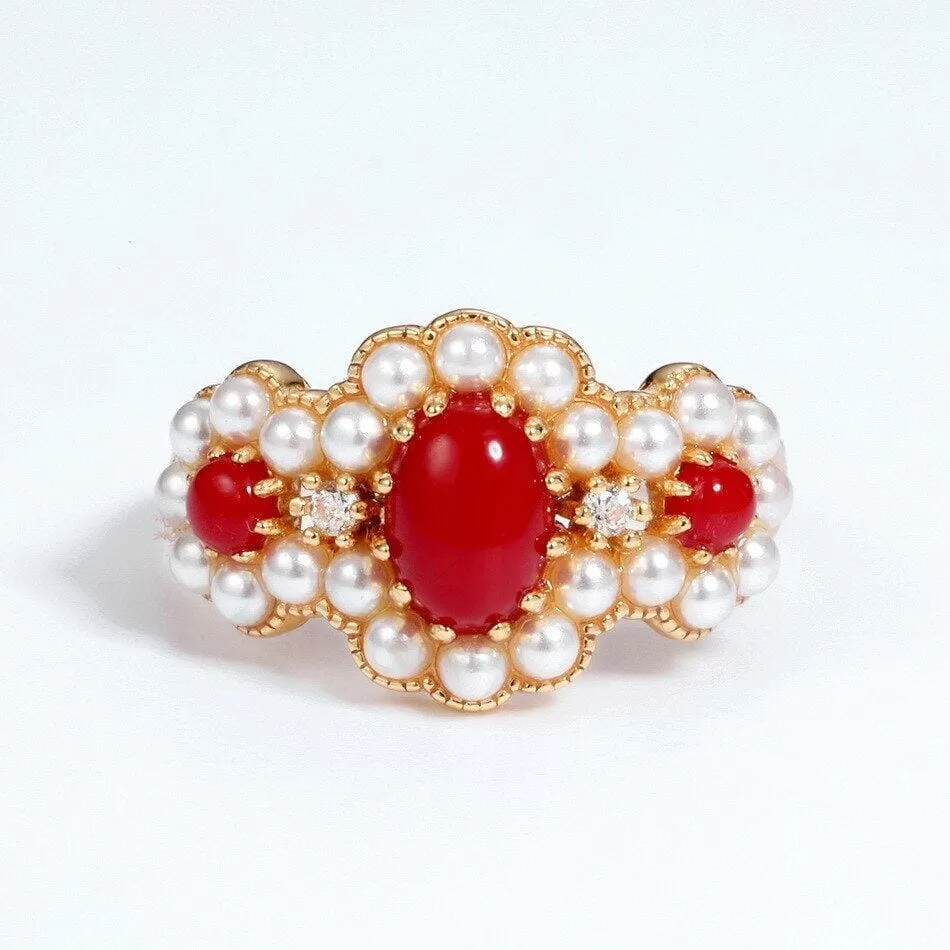 Luxury Red Coral Gold Color Pearl Flower Resizable Ring - 925  Sterling Silver