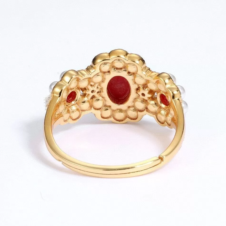 Luxury Red Coral Gold Color Pearl Flower Resizable Ring - 925  Sterling Silver