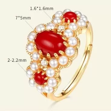 Luxury Red Coral Gold Color Pearl Flower Resizable Ring - 925  Sterling Silver