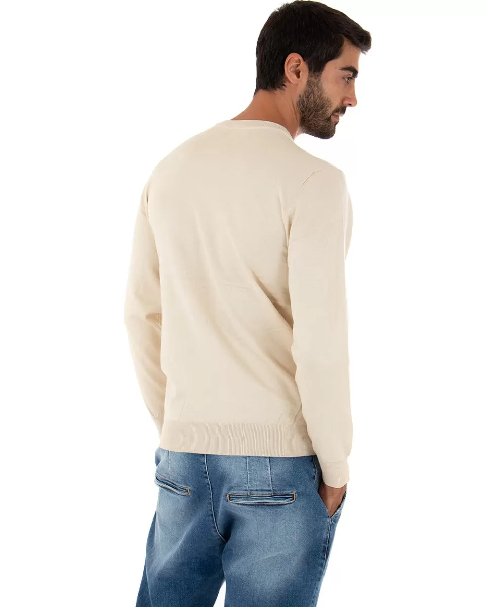 Maglioncino Uomo Casual Maglia Girocollo Tinta Unita Basic Beige GIOSAL-M2512A