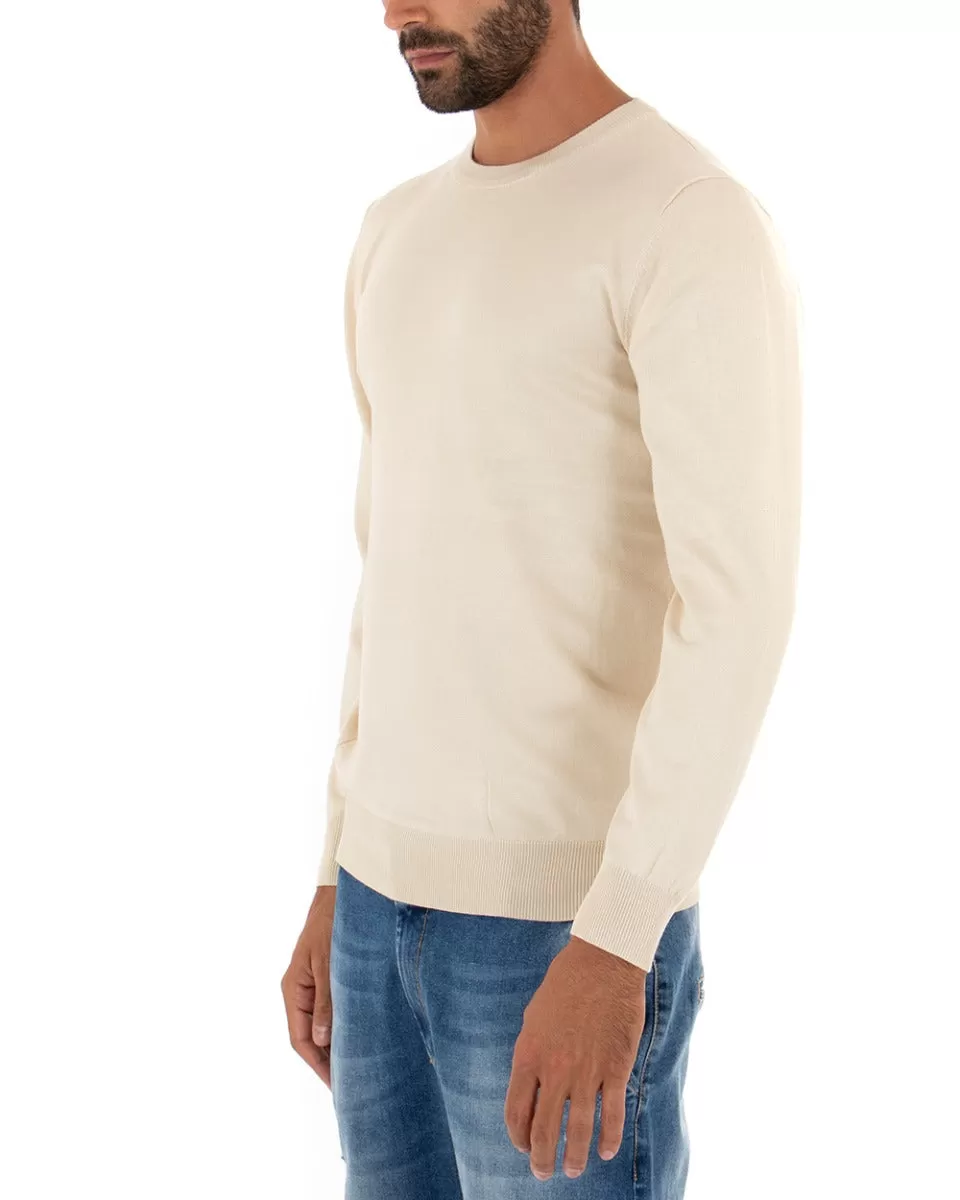 Maglioncino Uomo Casual Maglia Girocollo Tinta Unita Basic Beige GIOSAL-M2512A