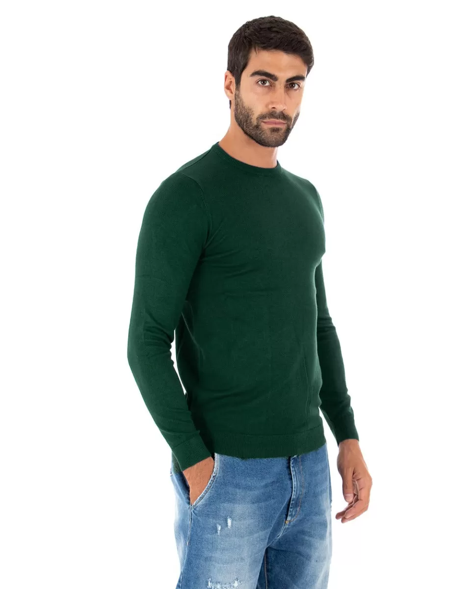 Maglioncino Uomo Casual Maglia Girocollo Tinta Unita Basic Verde Bottiglia GIOSAL-M2497A