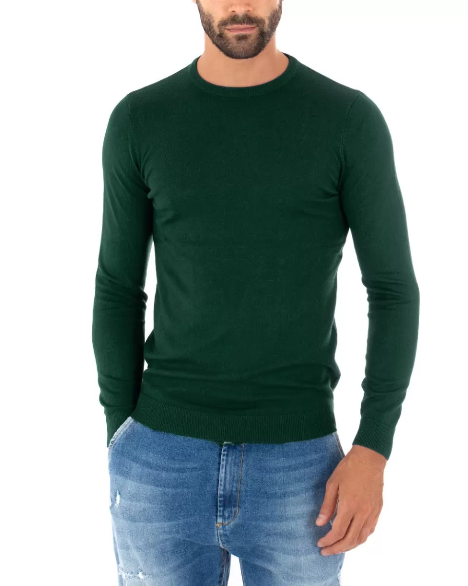 Maglioncino Uomo Casual Maglia Girocollo Tinta Unita Basic Verde Bottiglia GIOSAL-M2497A