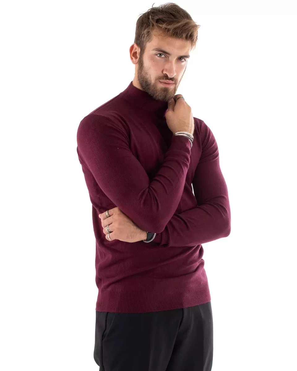 Maglioncino Uomo Maglia Maniche Lunghe Mezzo Collo Elastico Tinta Unita Bordeaux GIOSAL-M2565A