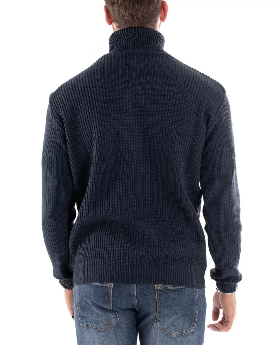 Maglione Uomo Pullover Dolcevita Maglia Tinta Unita Blu Scuro Collo Alto Casual GIOSAL-M2598A