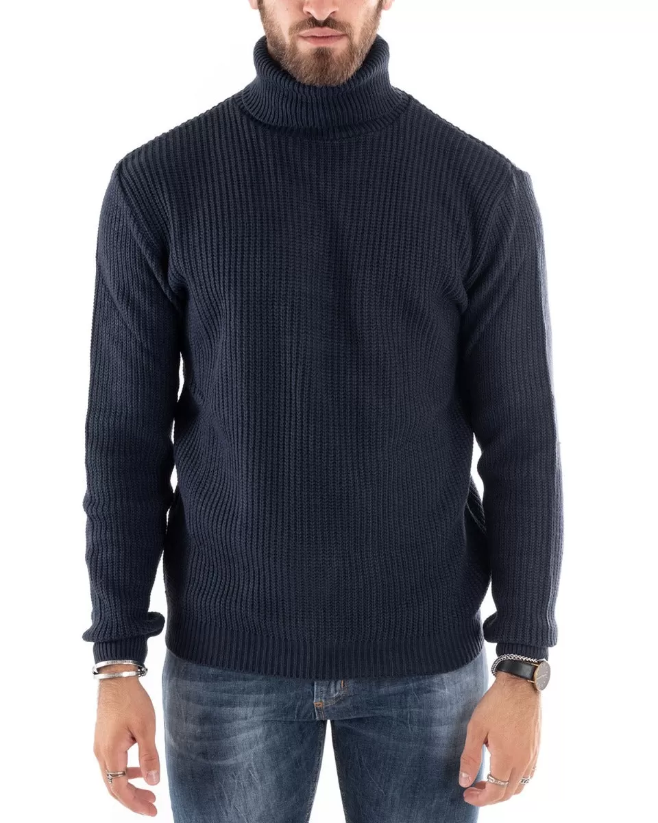 Maglione Uomo Pullover Dolcevita Maglia Tinta Unita Blu Scuro Collo Alto Casual GIOSAL-M2598A