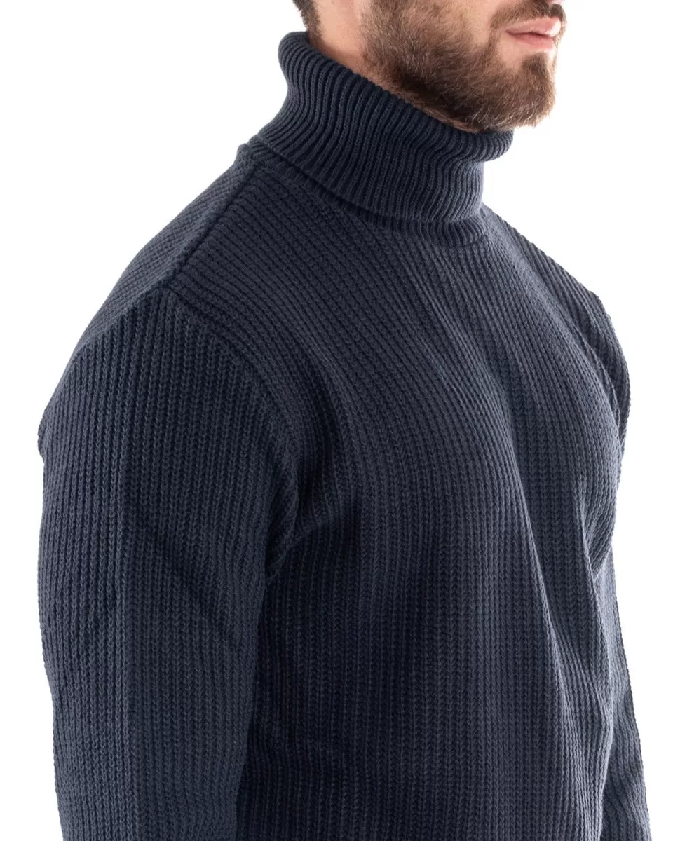 Maglione Uomo Pullover Dolcevita Maglia Tinta Unita Blu Scuro Collo Alto Casual GIOSAL-M2598A