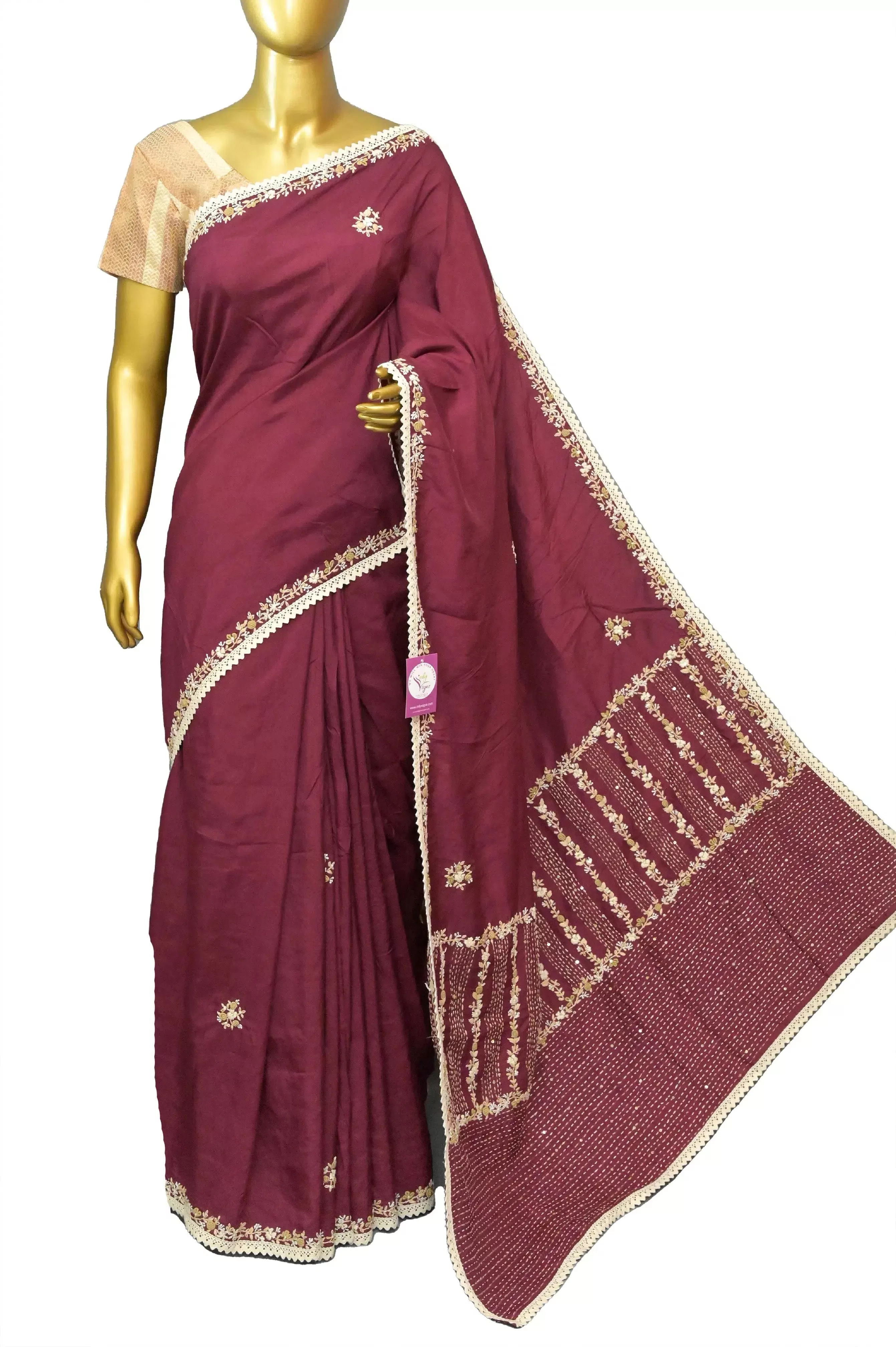 Maroon Color Pure Chinon Silk with Zari Check with Hand Parsi and Kantha Embroidery