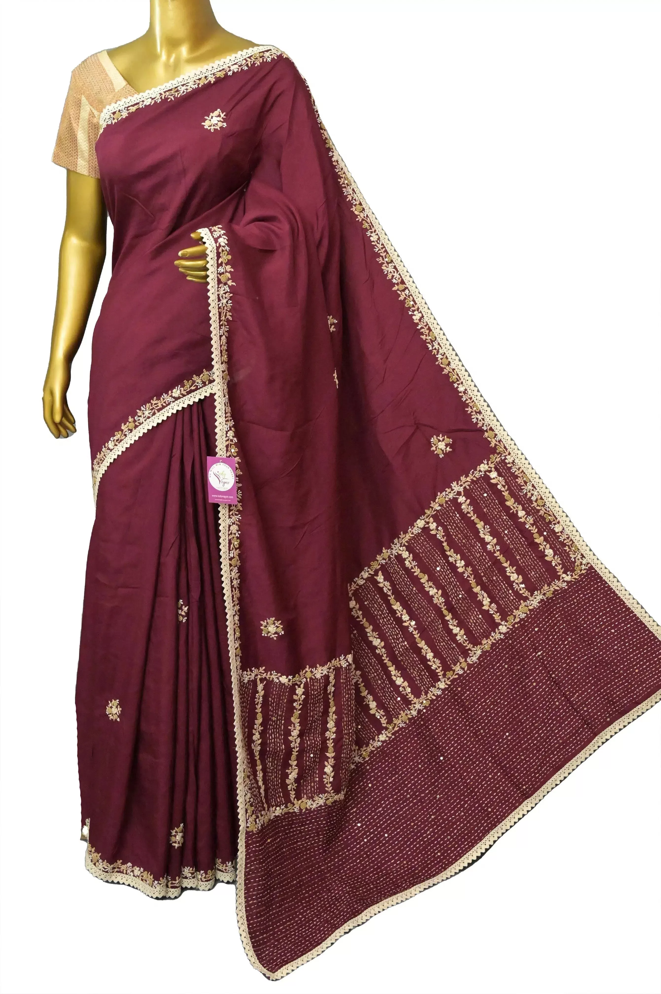 Maroon Color Pure Chinon Silk with Zari Check with Hand Parsi and Kantha Embroidery