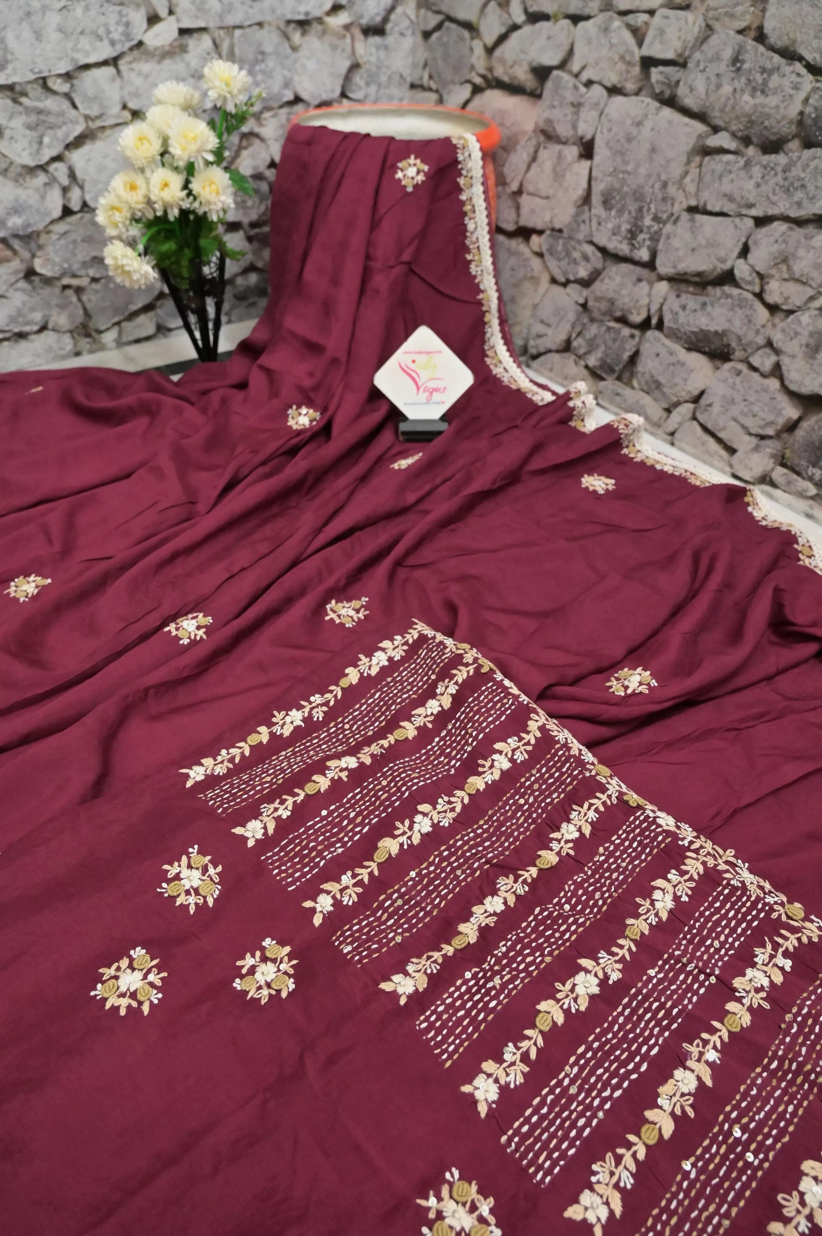 Maroon Color Pure Chinon Silk with Zari Check with Hand Parsi and Kantha Embroidery